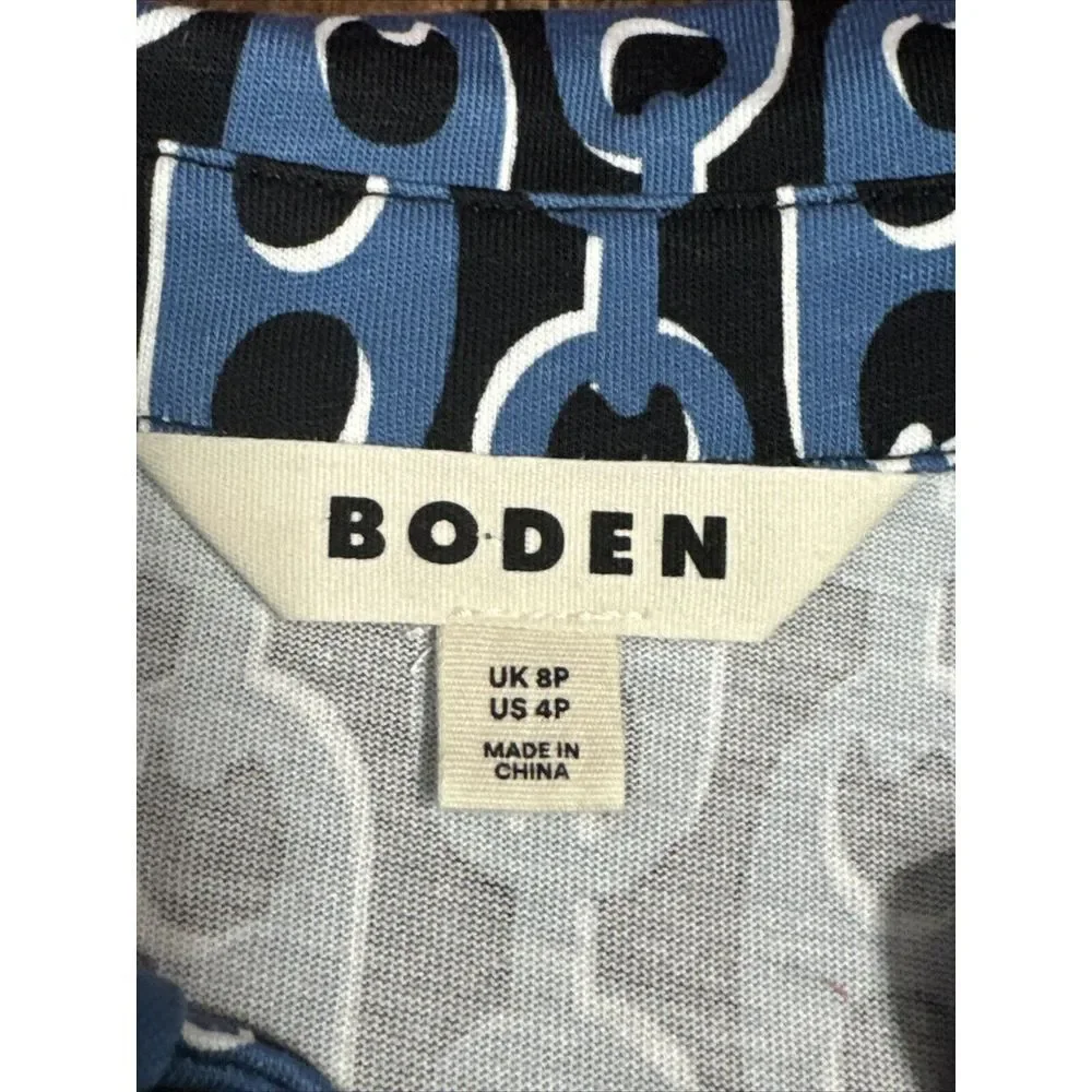 Boden Laura Shirt Dress 4P Petite Tencel Jersey Azure Blue Geo Chain Midi Belted - Picture 11 of 13